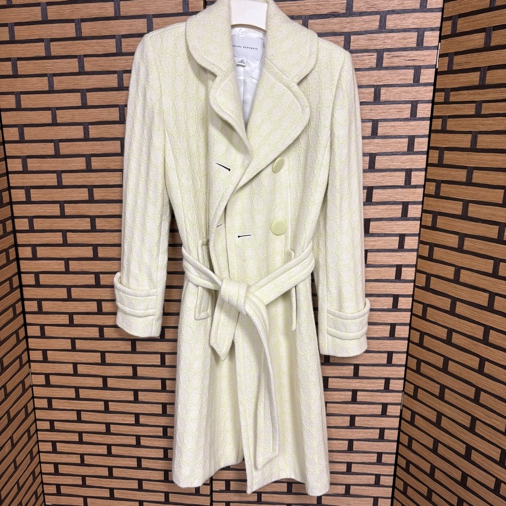 Banana Republic‎ Lime Green And White Wool Blend Trench Coat Size XS